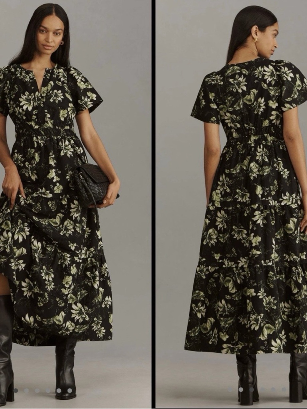Anthropologie The Somerset Maxi Dress Floral Print Tiered Black Green XSP Summer